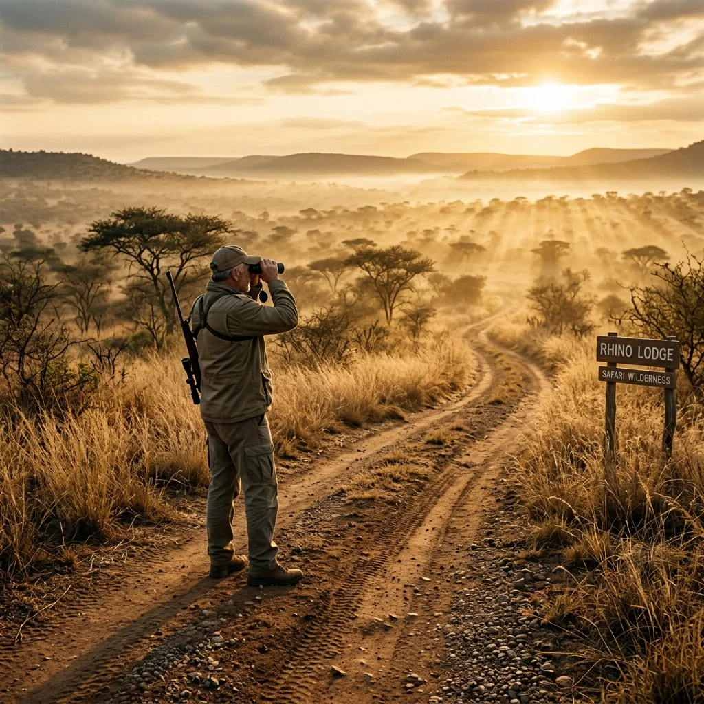 Hunter walking in Mpumalanga bushveld at sunrise